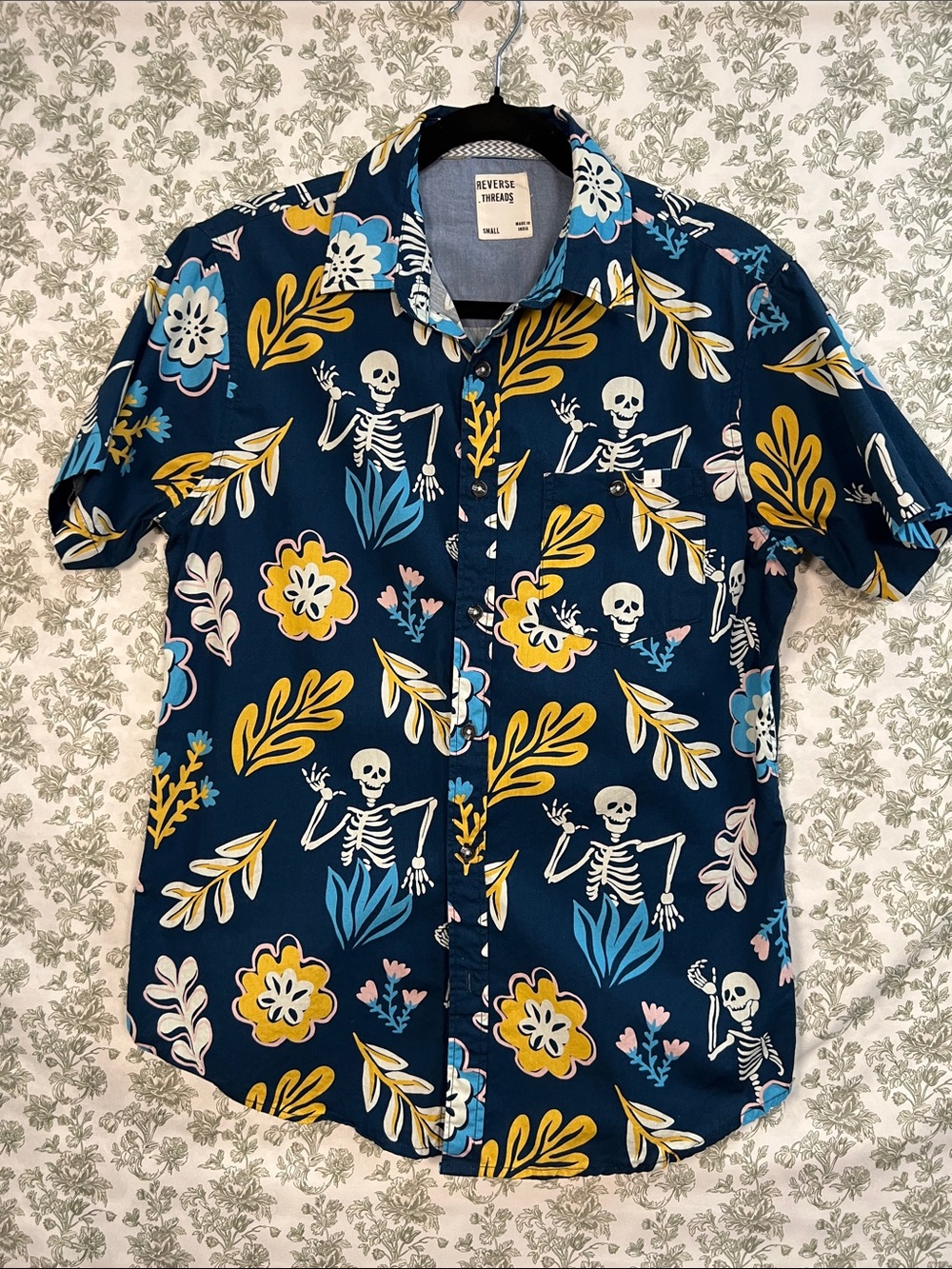 Navy Short-Sleeve Skeleton & Floral Button-Down Shirt